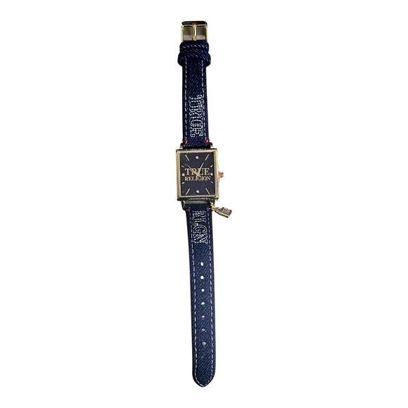 True Religion Women’s Gold Navy Denim Strap Watch Rectangular Lock Charm TRL100 - Picture 2 of 13